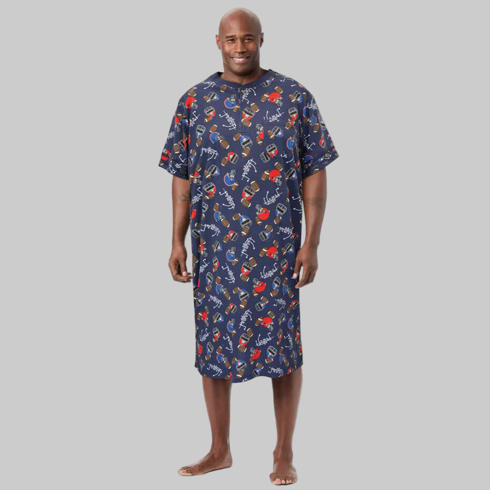 Navy Football Short-Sleeve Jersey Henley Nightshirt with contrast collar, stripes, and chest pocket.