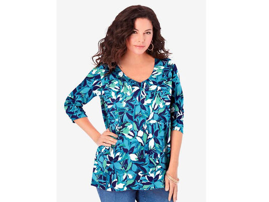 Navy Fresh Floral Long-Sleeve V-Neck Ultimate Tee PSW-6961