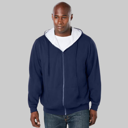 Navy full-zip thermal hoodie for plus-size men with drawstring hood, ribbed cuffs, and front pockets — soft fleece warm casual wear.