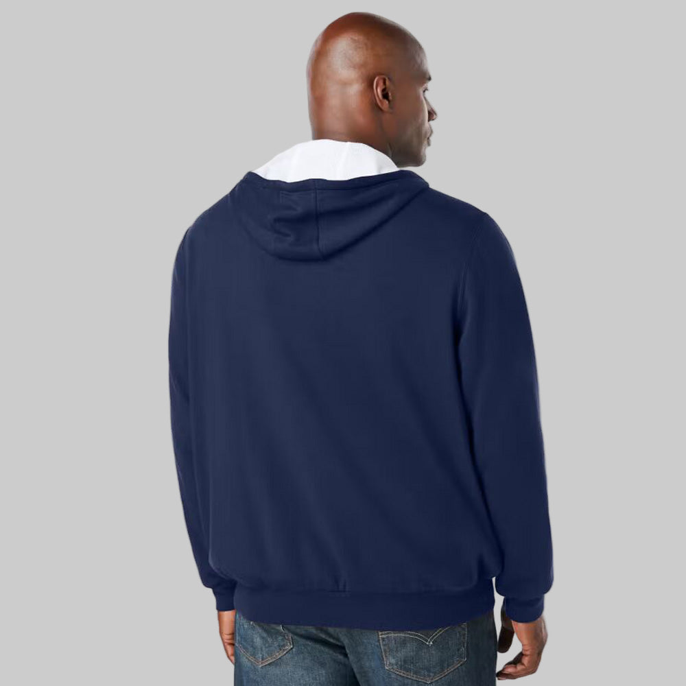 Navy full-zip thermal hoodie for plus-size men with drawstring hood, ribbed cuffs, and front pockets — soft fleece warm casual wear.