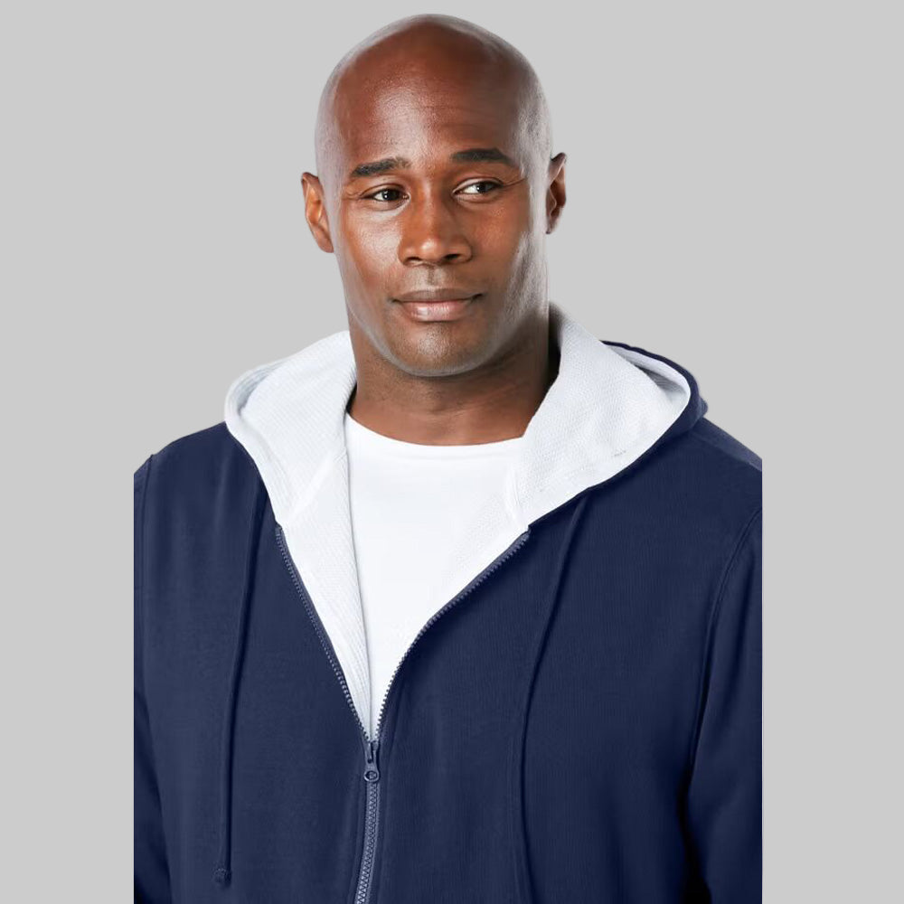 Navy full-zip thermal hoodie for plus-size men with drawstring hood, ribbed cuffs, and front pockets — soft fleece warm casual wear.