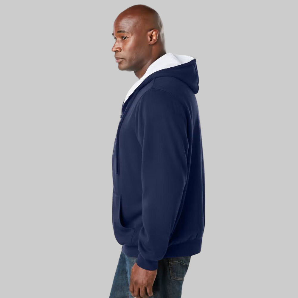 Navy full-zip thermal hoodie for plus-size men with drawstring hood, ribbed cuffs, and front pockets — soft fleece warm casual wear.