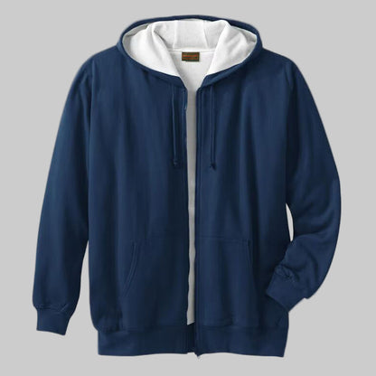 Navy full-zip thermal hoodie for plus-size men with drawstring hood, ribbed cuffs, and front pockets — soft fleece warm casual wear.