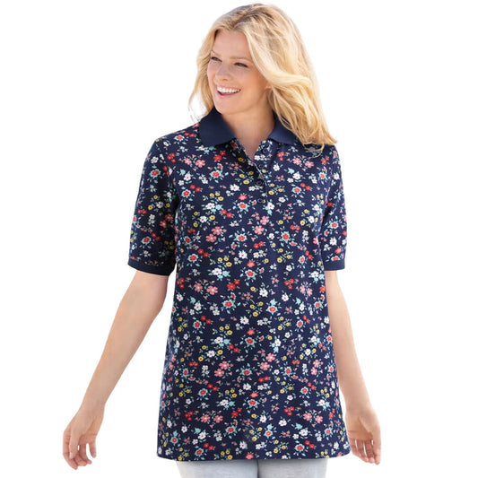 Navy Short Sleeve Polo Tunic with Graphic Floral Bloom Print