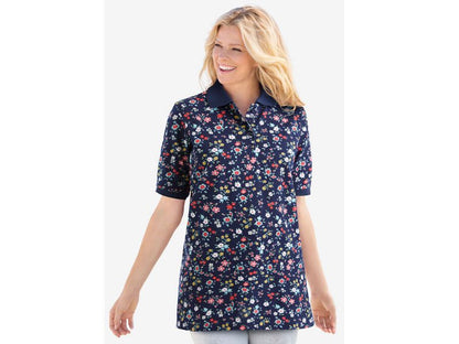 Navy Graphic Bloom Short Sleeve Polo Tunic PSW-7232