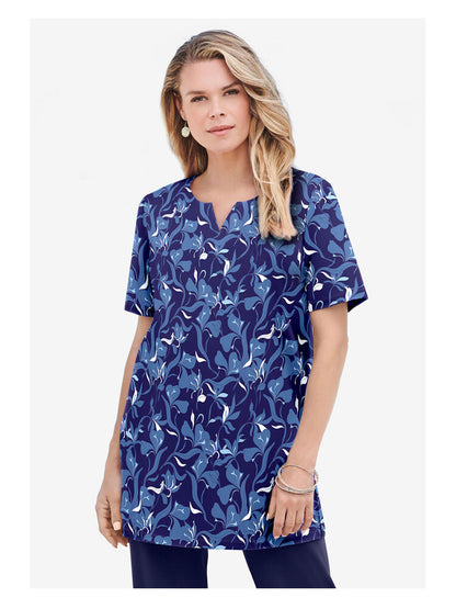 Navy Graphic Vine Print Notch-Neck Soft Knit Tunic PSW-8997