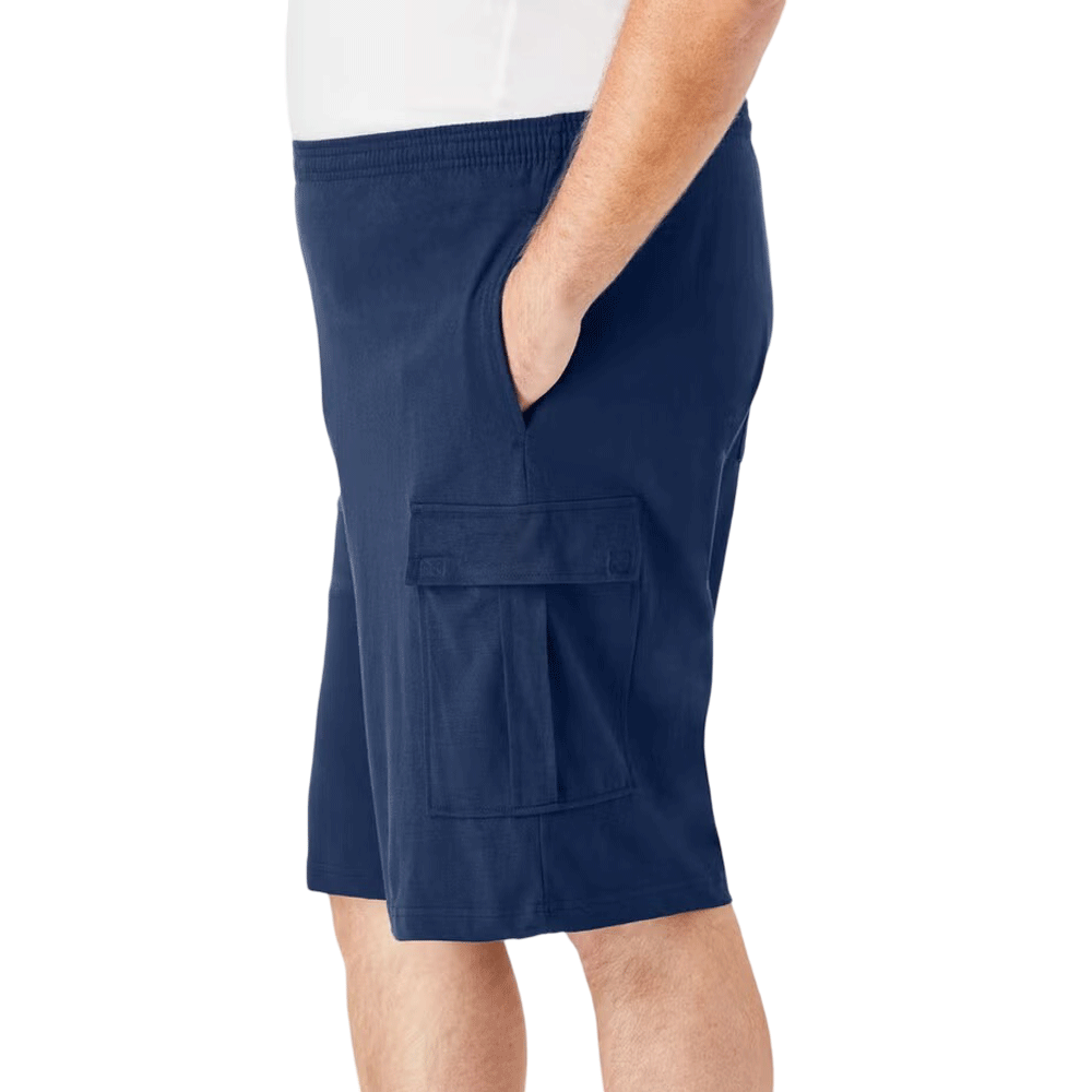 A pair of Navy Blue Jersey Big Size Cargo Shorts with a relaxed fit, soft jersey fabric, cargo pockets for storage, and an elastic waistband with a drawstring