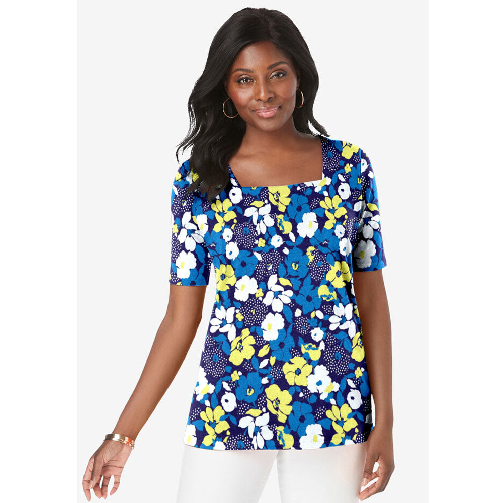 Navy Layered Flower Stretch Cotton Square Neck Tee PSW-8262