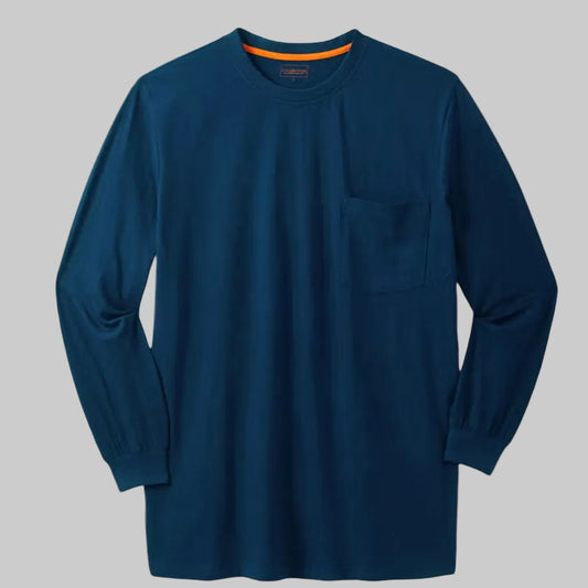 Navy heavyweight long-sleeve crewneck pocket T-shirt with relaxed fit, taped neck seams, and durable cotton fabric.
