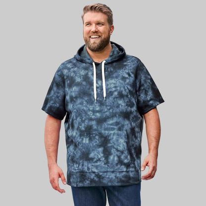 Navy marble short-sleeve hoodie with drawstring hood, kangaroo pocket and side vents.
