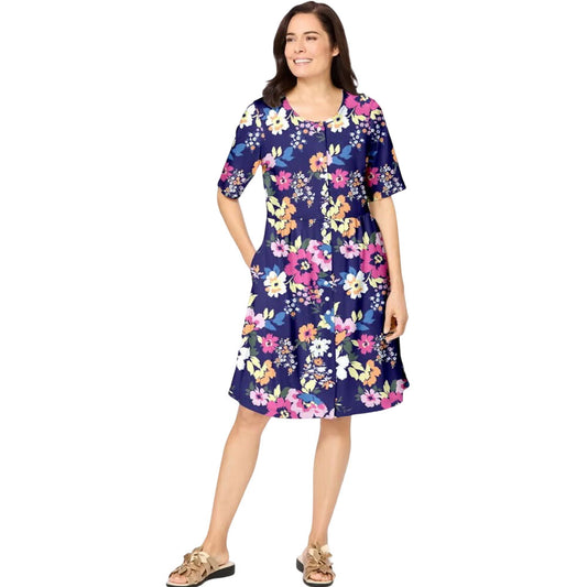 Navy floral short button-front dress with empire waist and side pockets
