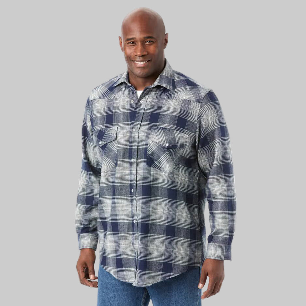 Plus-size Pakistani male model wearing navy ombre snap-front flannel shirt with snap pockets on a clean studio background.