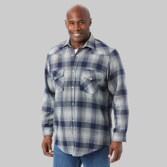 Plus-size Pakistani male model wearing navy ombre snap-front flannel shirt with snap pockets on a clean studio background.