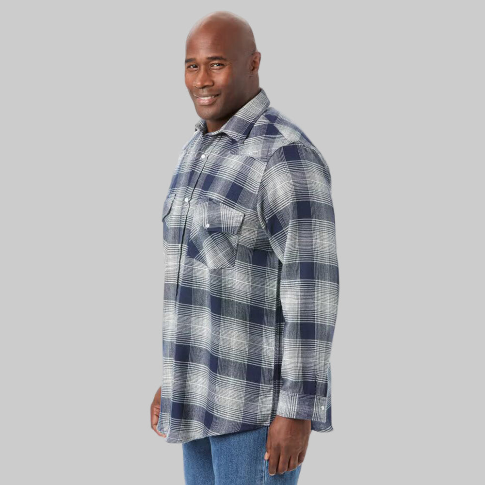 Plus-size Pakistani male model wearing navy ombre snap-front flannel shirt with snap pockets on a clean studio background.