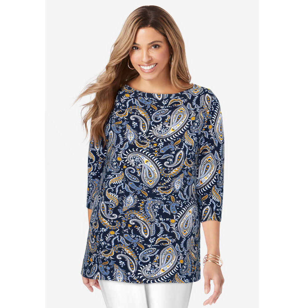 Navy Paisley Stretch Cotton Boatneck Tunic PSW-8303