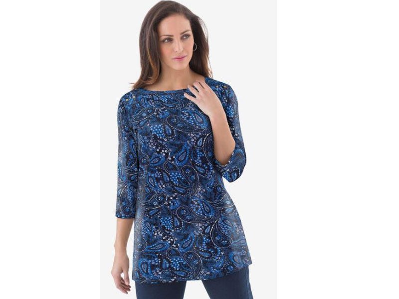 Navy Paisly Plus Size Women Boatneck Tunic PSW-5433