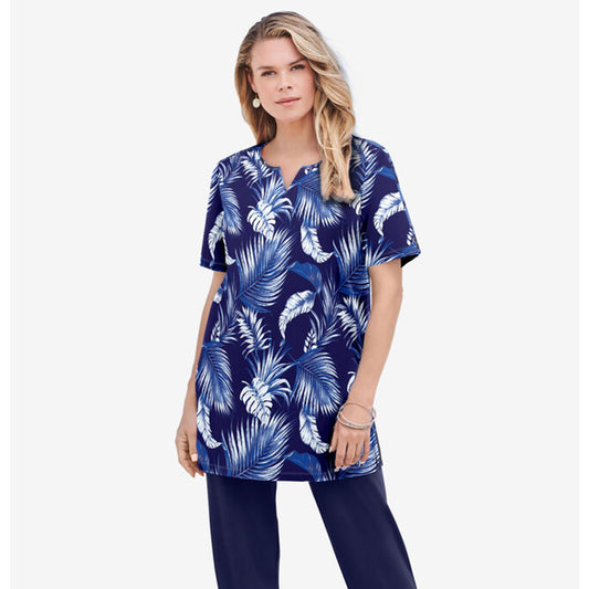 Navy Palm Print Notch-Neck Soft Knit Tunic PSW-8124