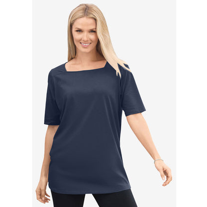 Navy Perfect Elbow-Sleeve Square Neck Tee PSW-8517