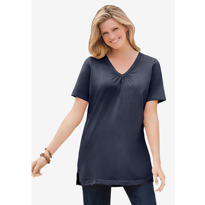 Navy Perfect Short-Sleeve Shirred V-Neck Tunic PSW-7876