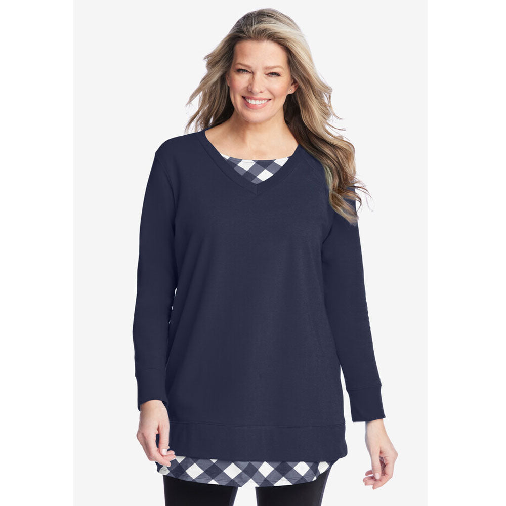 Navy Plaid Layered Look Sweatshirt PSW-8675