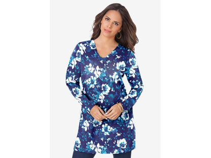 Navy Soft Floral Long-Sleeve V-Neck Ultimate Tunic PSW-7081