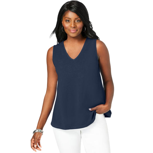 Plus size navy v-neck trapeze tank top for women – soft stretch cotton sleeveless style

