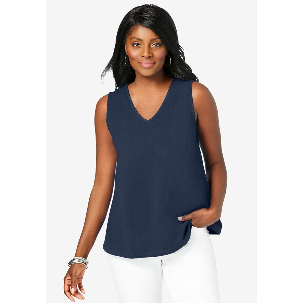 Navy Stretch Cotton V-Neck Trapeze Tank PSW-7956