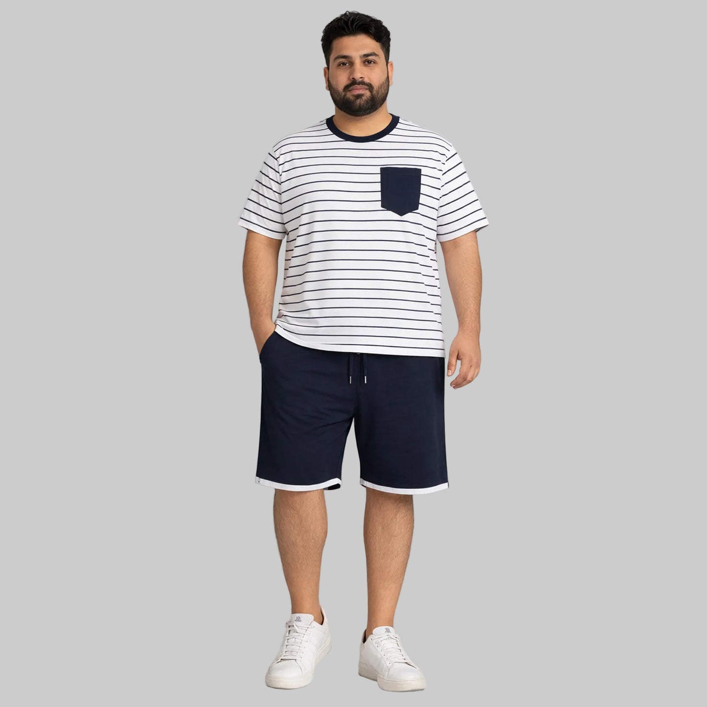 Men’s navy stripe pocket t-shirt and navy drawstring shorts summer set, casual short sleeve tee with chest pocket and matching shorts.