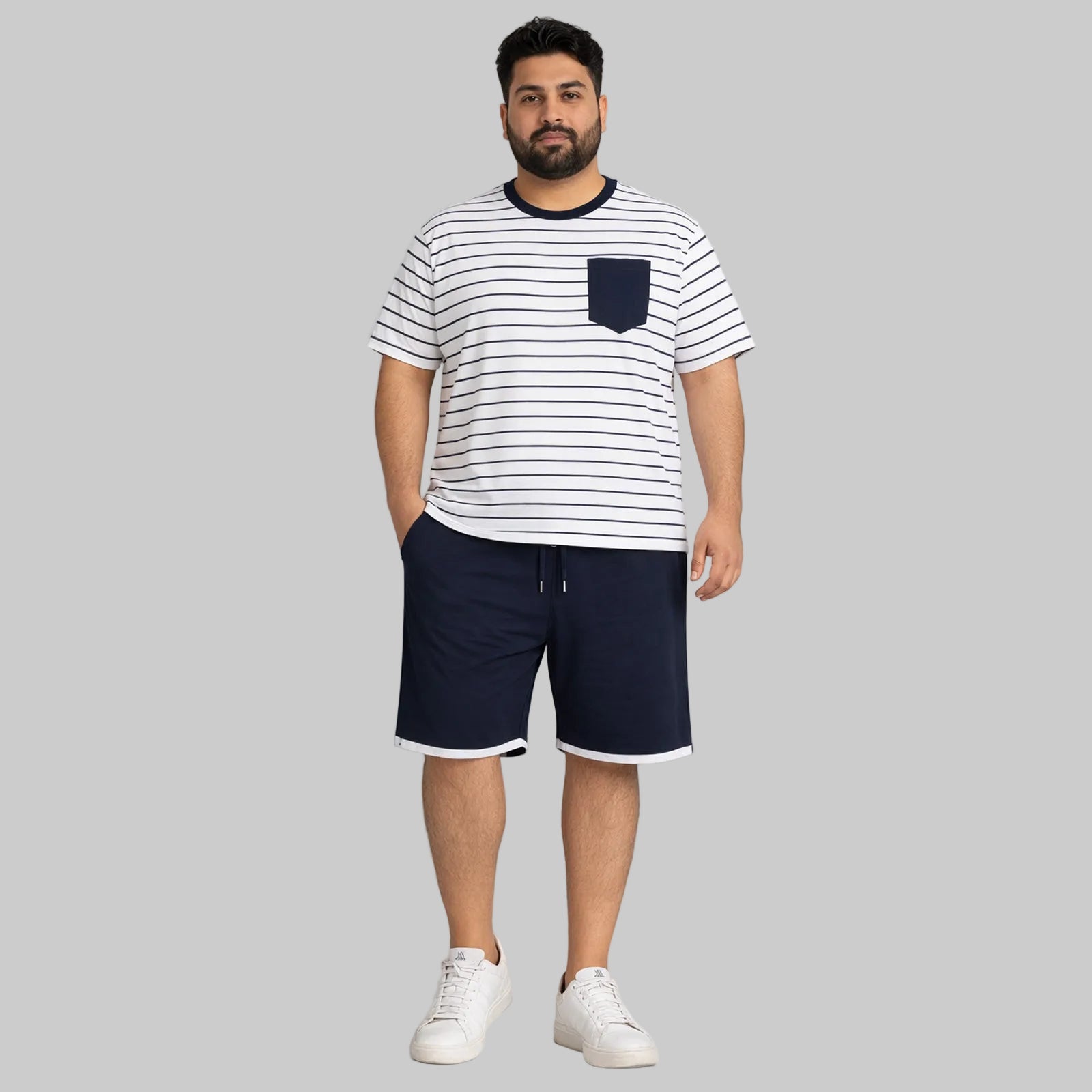 Men’s navy stripe pocket t-shirt and navy drawstring shorts summer set, casual short sleeve tee with chest pocket and matching shorts.