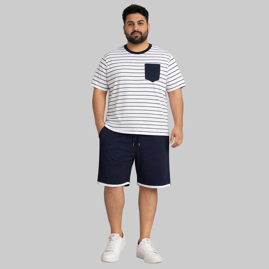 Men’s navy stripe pocket t-shirt and navy drawstring shorts summer set, casual short sleeve tee with chest pocket and matching shorts.