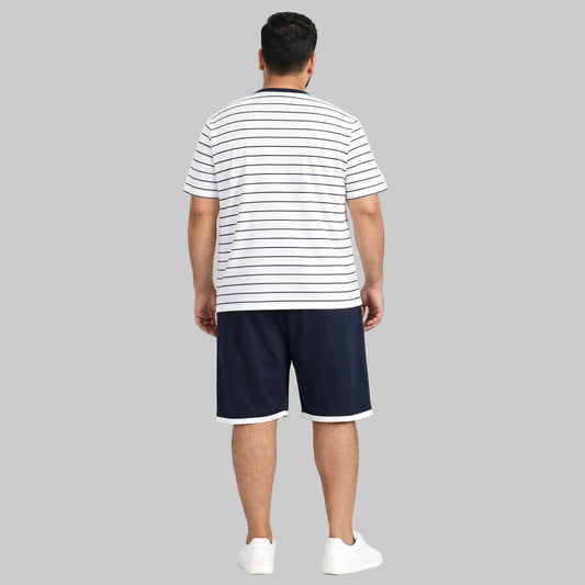 Men’s navy stripe pocket t-shirt and navy drawstring shorts summer set, casual short sleeve tee with chest pocket and matching shorts.