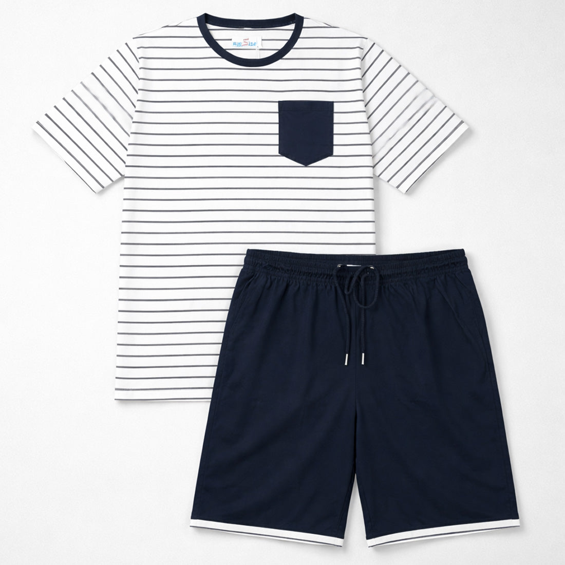 Men’s navy stripe pocket t-shirt and navy drawstring shorts summer set, casual short sleeve tee with chest pocket and matching shorts.