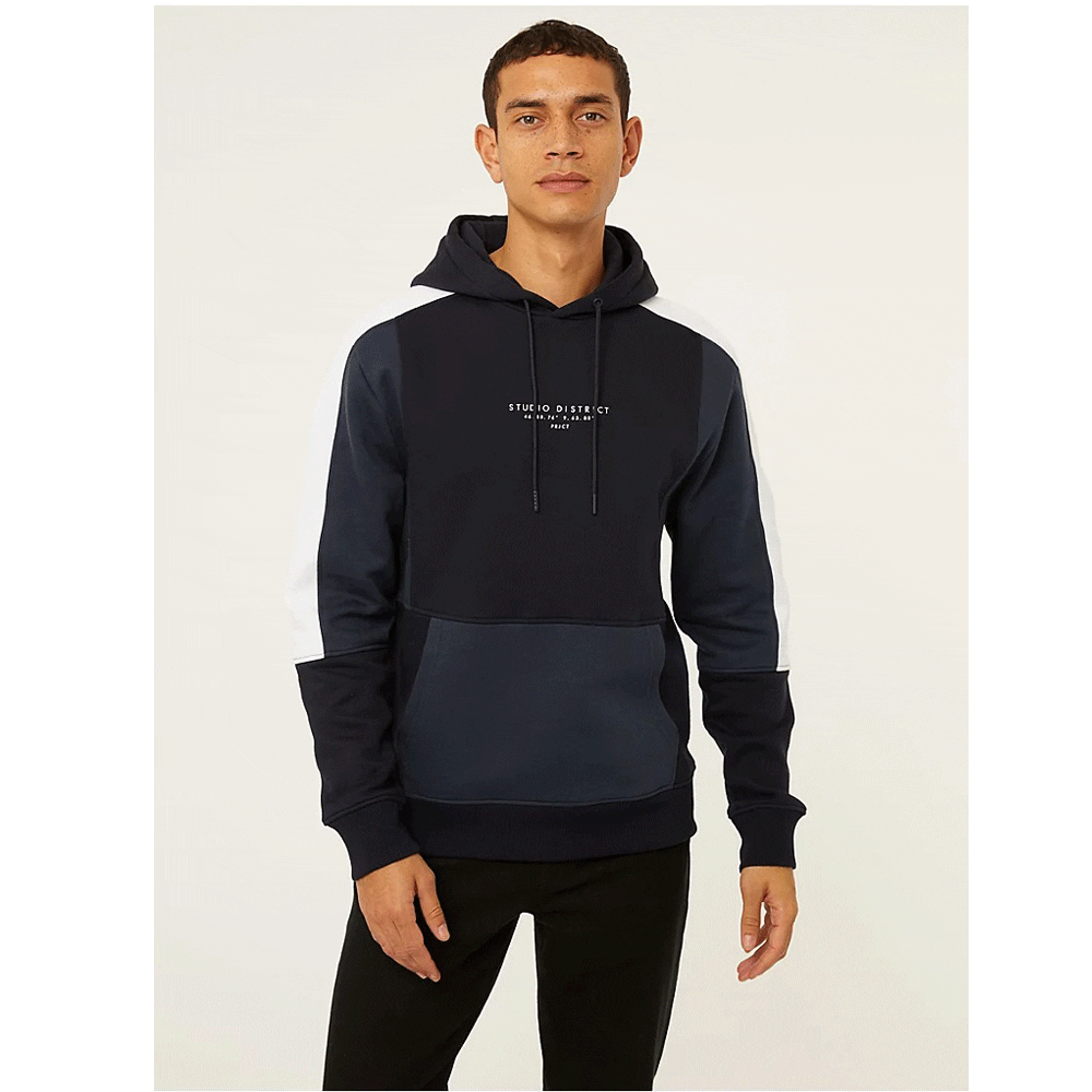 Navy Colour Block Pullover Fleece Hoodie PSM-7661