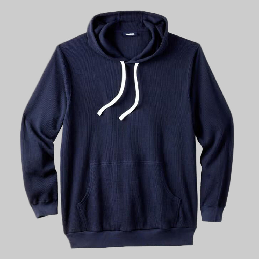 Navy waffle-knit thermal pullover hoodie for plus-size men with drawstring hood, kangaroo pocket, and rib-knit cuffs — soft textured winter wear.