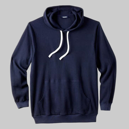 Navy waffle-knit thermal pullover hoodie for plus-size men with drawstring hood, kangaroo pocket, and rib-knit cuffs — soft textured winter wear.