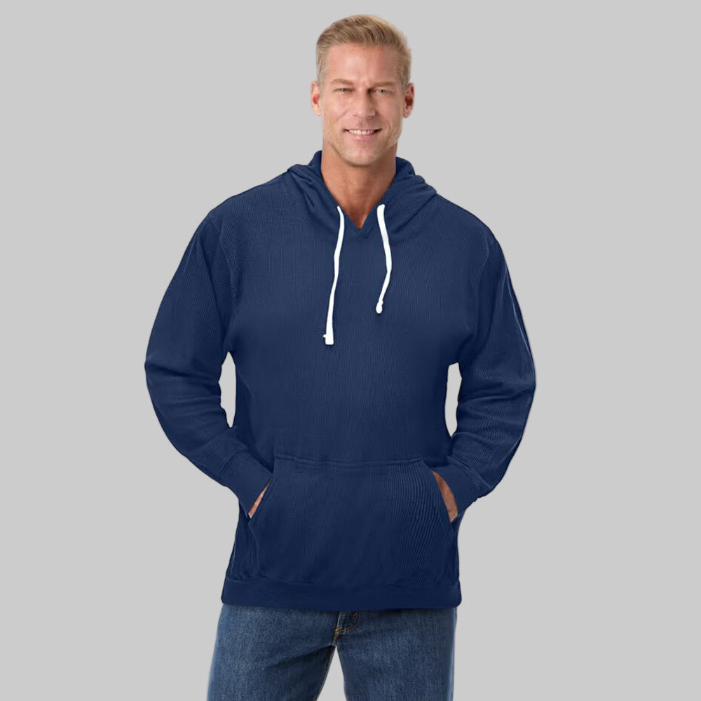Navy waffle-knit thermal pullover hoodie for plus-size men with drawstring hood, kangaroo pocket, and rib-knit cuffs — soft textured winter wear.