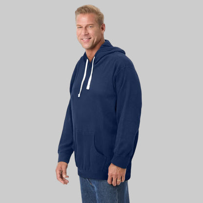 Navy waffle-knit thermal pullover hoodie for plus-size men with drawstring hood, kangaroo pocket, and rib-knit cuffs — soft textured winter wear.