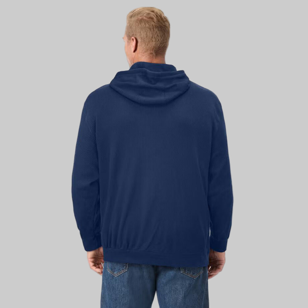 Navy waffle-knit thermal pullover hoodie for plus-size men with drawstring hood, kangaroo pocket, and rib-knit cuffs — soft textured winter wear.