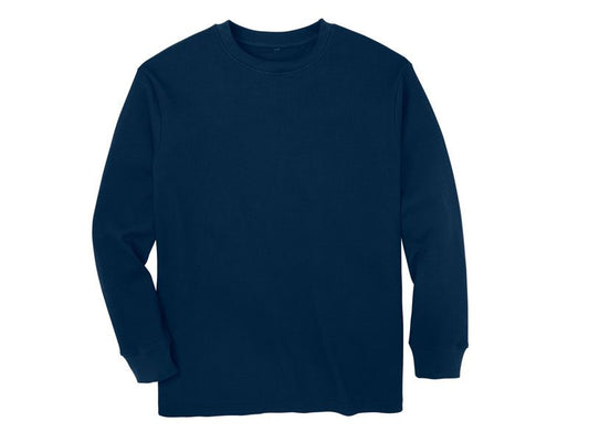 Navy blue waffle knit thermal t-shirt with long sleeves and textured fabric for warmth