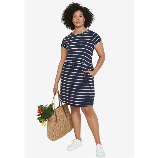 Navy White Stripe Knit Drawstring Dress PSW-8438