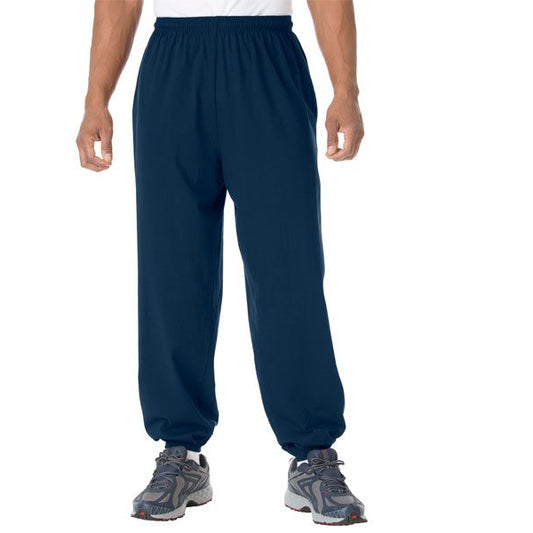 Navy blue jersey closed bottom trousers with cuffed hems and side pockets – plus-size men’s front view

