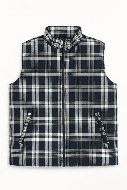Navy Checkered Plus Size Sleeveless Puffer Vest PSM-9991