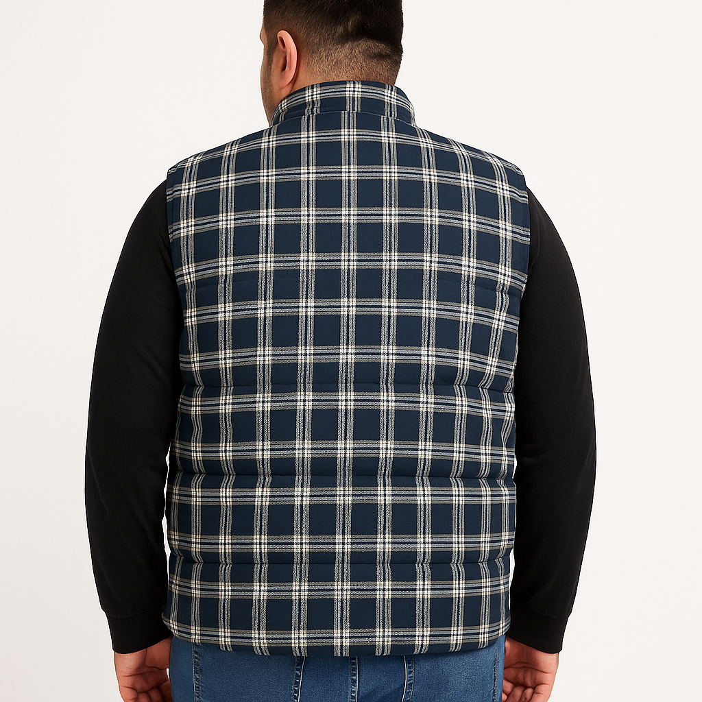 Navy Checkered Plus Size Sleeveless Puffer Vest PSM-9991