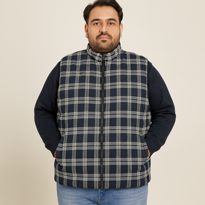 Navy Checkered Plus Size Sleeveless Puffer Vest PSM-9991
