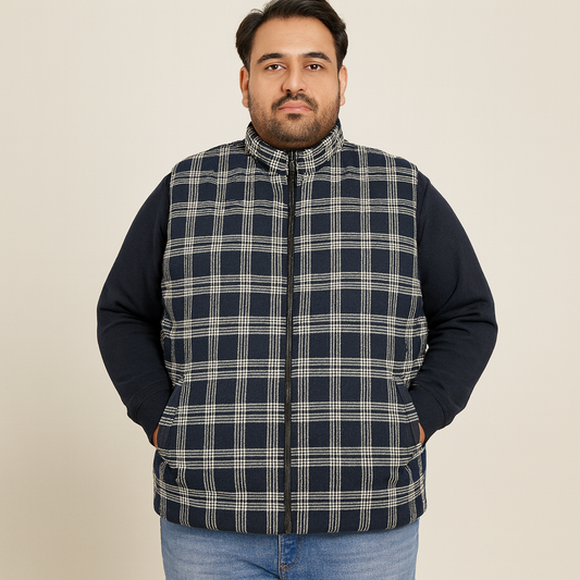 Navy Checkered Plus Size Sleeveless Puffer Vest PSM-9991