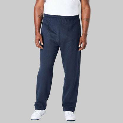Navy blue fleece open-bottom trouser for big & tall men with drawstring waist and pockets displayed on a studio background.