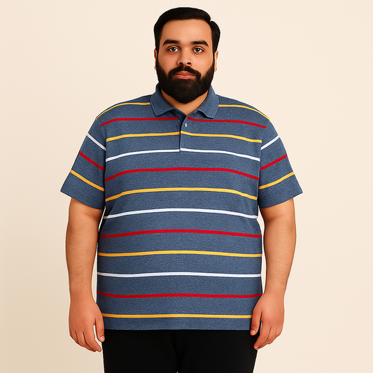 Plus size Pakistani male model wearing navy multi-stripe yarn dyed jersey polo shirt in 2XL size