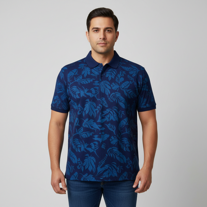 Navy Tropical Leaf Print Polo Shirt PSM-10848