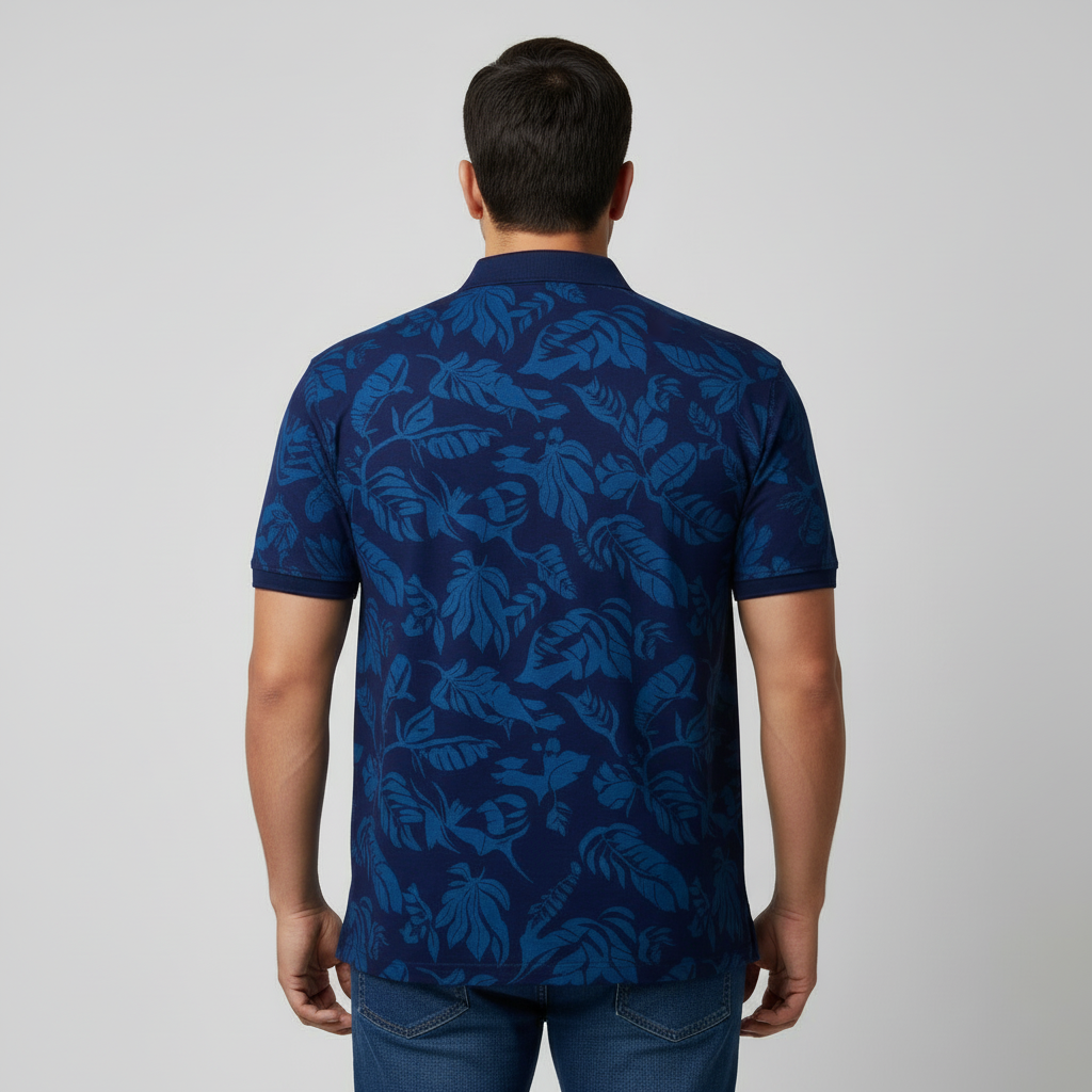Navy Tropical Leaf Print Polo Shirt PSM-10848