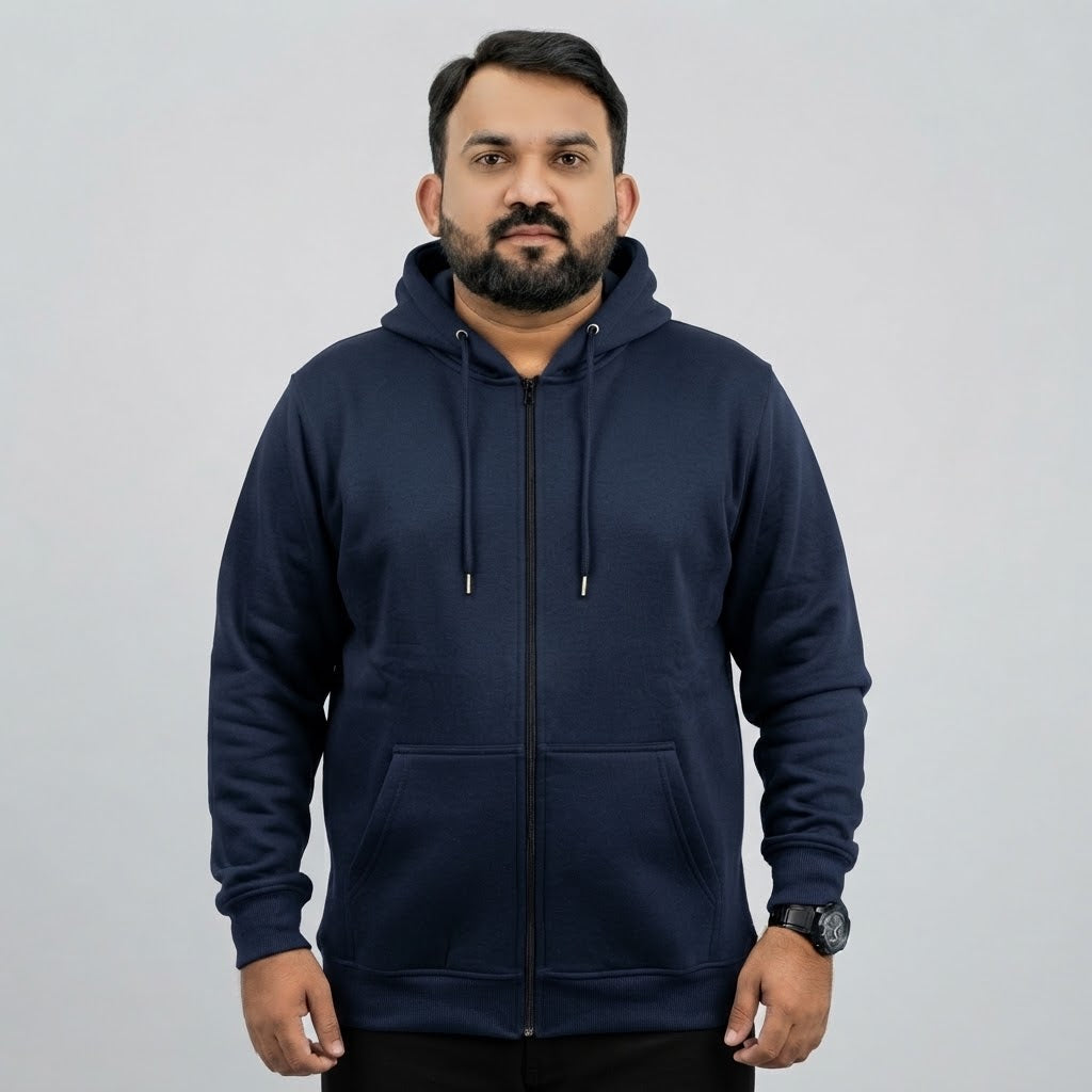 Navy blue fleece zip-up hoodie for men featuring a full front zipper and attached hood.